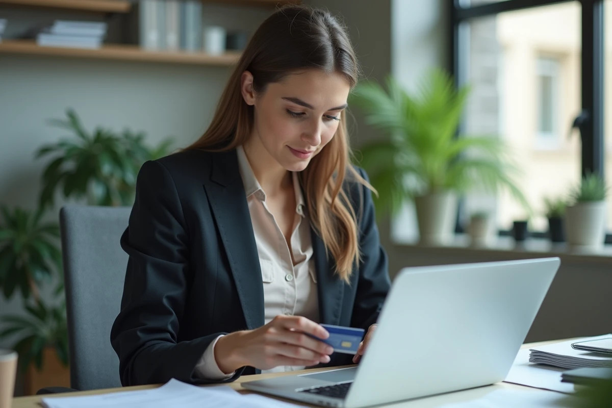 Jeune femme en blazer effectue un paiement en ligne sur son ordinateur