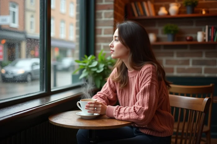Jeune femme paisible dans un café cosy tenant une tasse de thé près d'une fenêtre sous la pluie avec décor en brique apparente