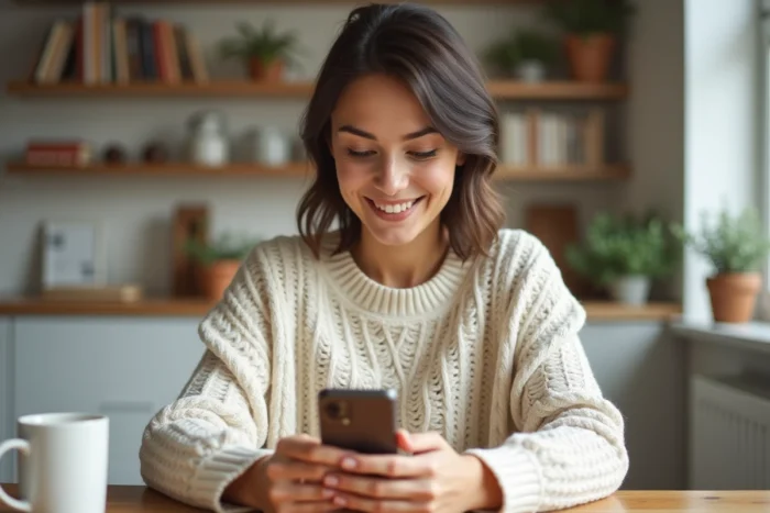 Jeune femme souriante qui envoie une invitation de parrainage Zalando Privé depuis son smartphone dans une cuisine moderne
