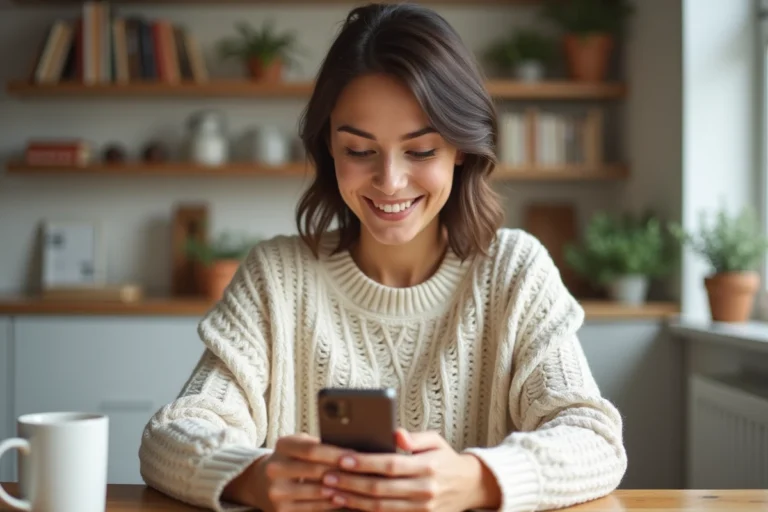 Jeune femme souriante qui envoie une invitation de parrainage Zalando Privé depuis son smartphone dans une cuisine moderne