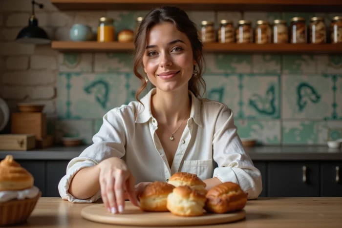 Jeune femme dans une patisserie artisanale avec pâtisseries colorées