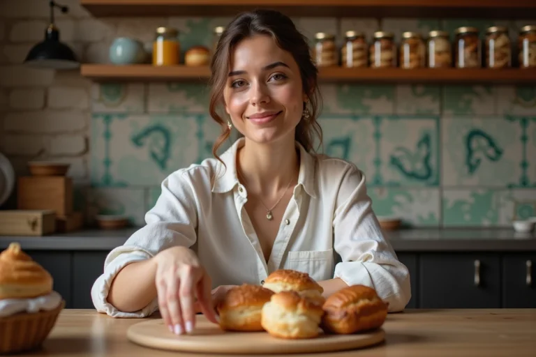 Jeune femme dans une patisserie artisanale avec pâtisseries colorées