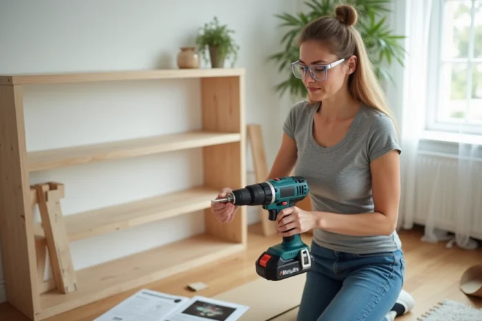 Femme utilisant une perceuse sans fil pour assembler une étagère en bois dans son salon