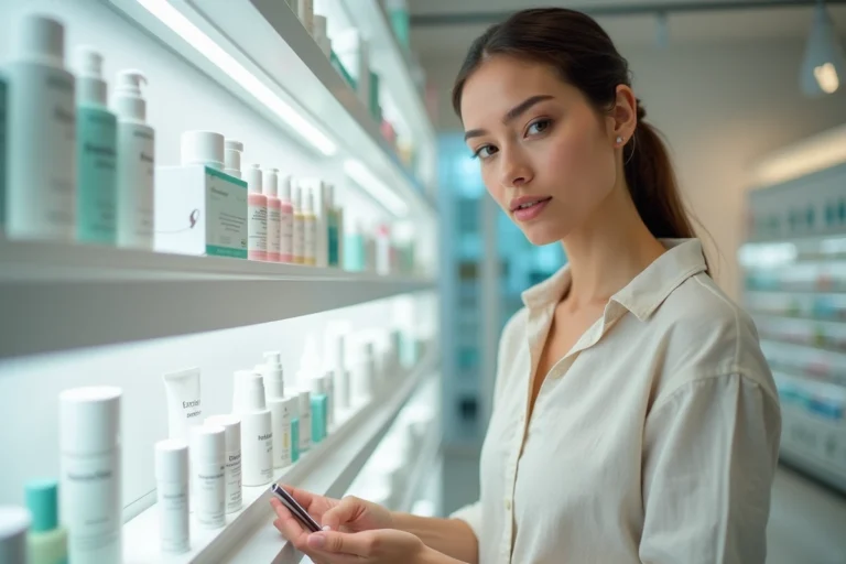 Femme découvrant les produits Magnifaïk dans une pharmacie française moderne