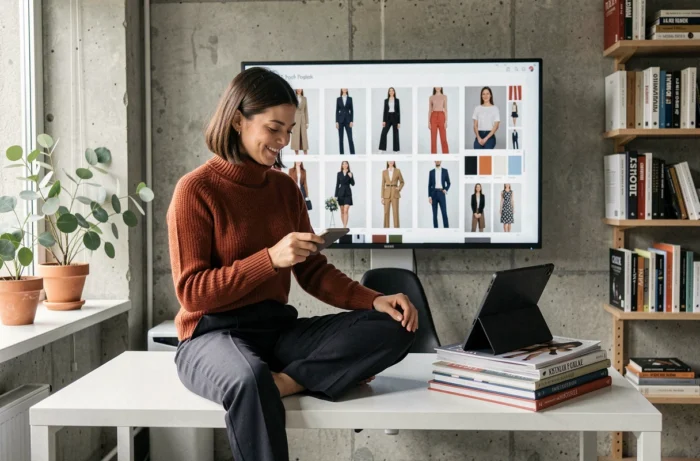 Femme créative consultant une plateforme de mode tendance sur tablette dans un bureau minimaliste moderne
