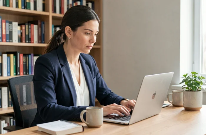 Femme professionnelle consultant son CV sur un ordinateur portable dans un bureau à domicile organisé, symbolisant la recherche d'emploi efficace