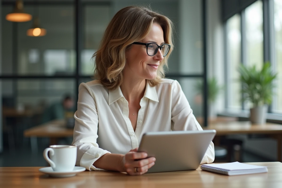 Femme en coworking participant à une réunion virtuelle sur sa tablette