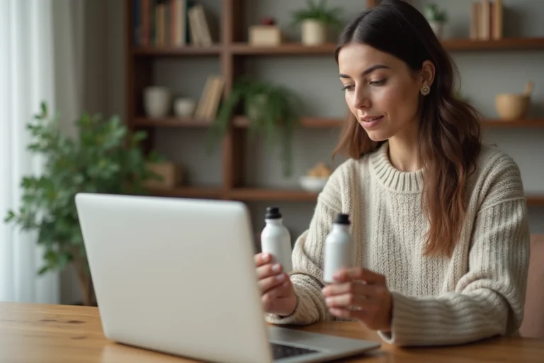Jeune femme compare deux bouteilles de produits santé à la maison