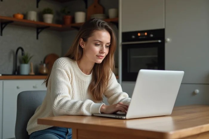 Femme détendue utilisant son ordinateur à la maison