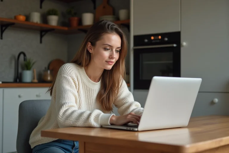 Femme détendue utilisant son ordinateur à la maison