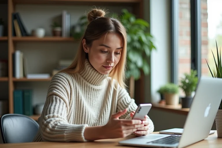 Femme concentrée sur son smartphone dans un bureau lumineux