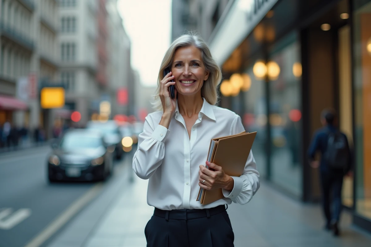 Femme confiante parlant au téléphone dans la ville