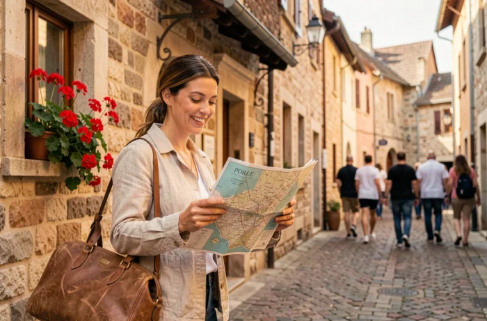 Femme voyageuse sereine consultant une carte dans une vieille ville européenne aux pavés pittoresques