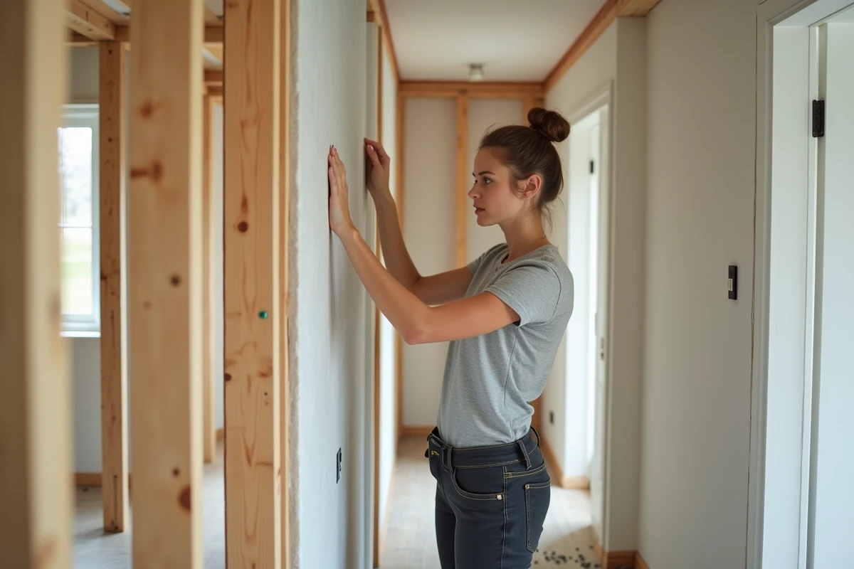 Jeune femme fixant une plaque de placo dans un couloir lumineux