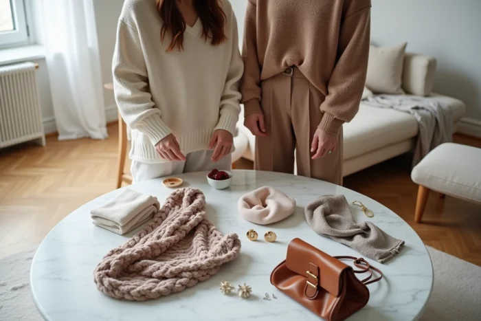 Deux femmes comparant des accessoires et vêtements tendance étalés sur une table en marbre dans un appartement scandinave