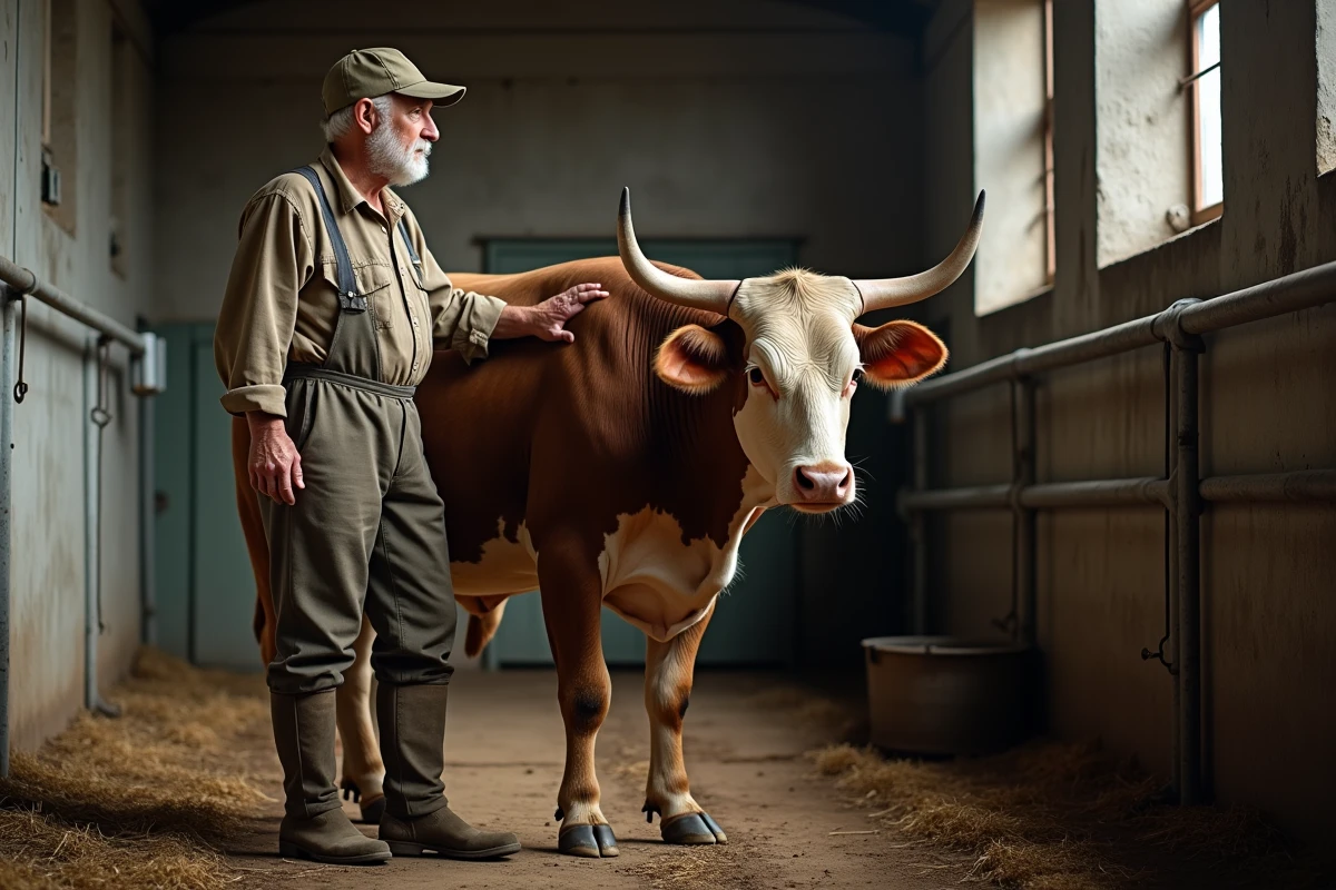 Vieux fermier avec un taureau dans un abattoir rustique