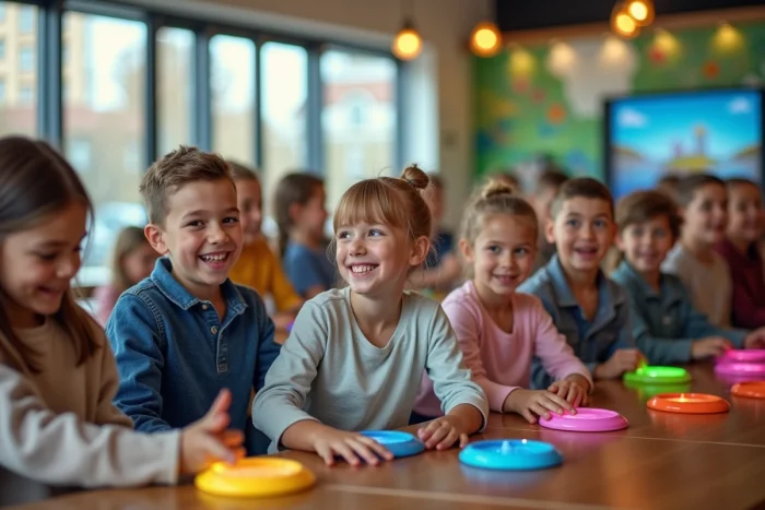 Groupe divers d'enfants et seniors jouant à des jeux numériques