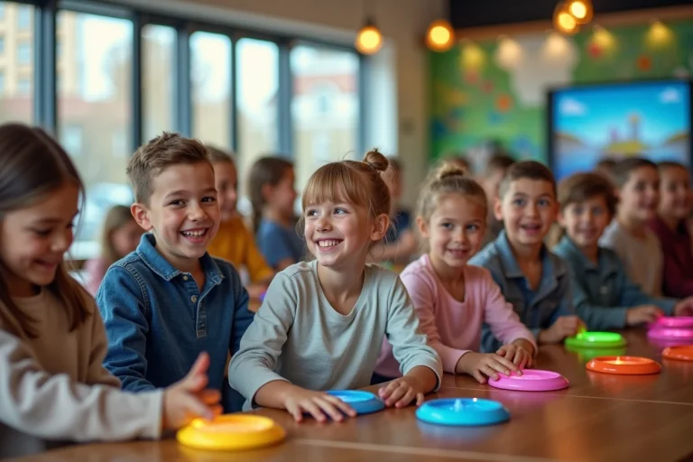 Groupe divers d'enfants et seniors jouant à des jeux numériques