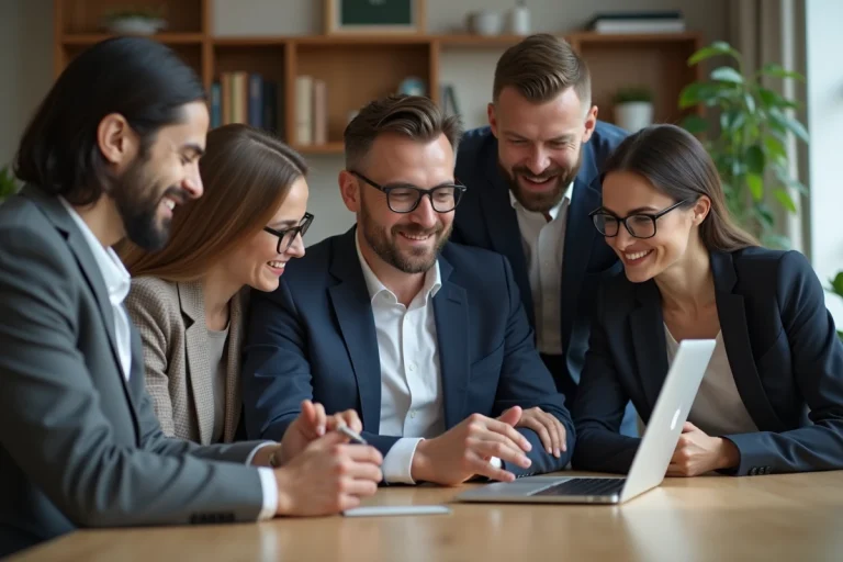 Groupe de professionnels autour d'un ordinateur dans un bureau moderne
