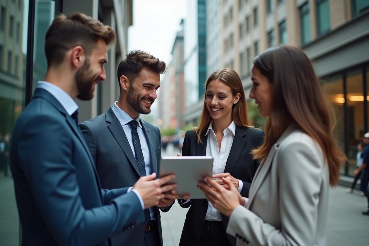 Groupe de jeunes professionnels discutant avec une tablette en ville