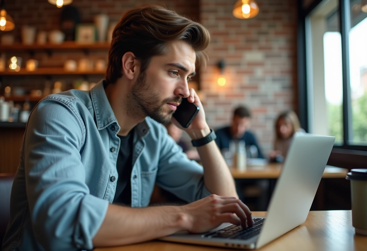 Jeune homme au café utilisant son ordinateur et téléphone