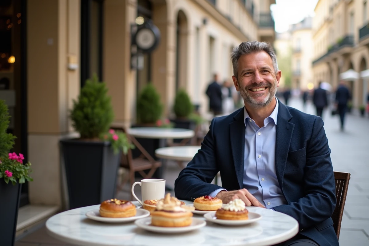 Homme souriant dans un café avec pâtisseries françaises