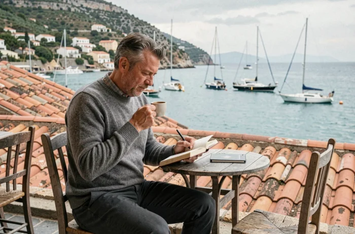 Homme voyageur écrivant dans son journal dans un café avec vue sur un port méditerranéen