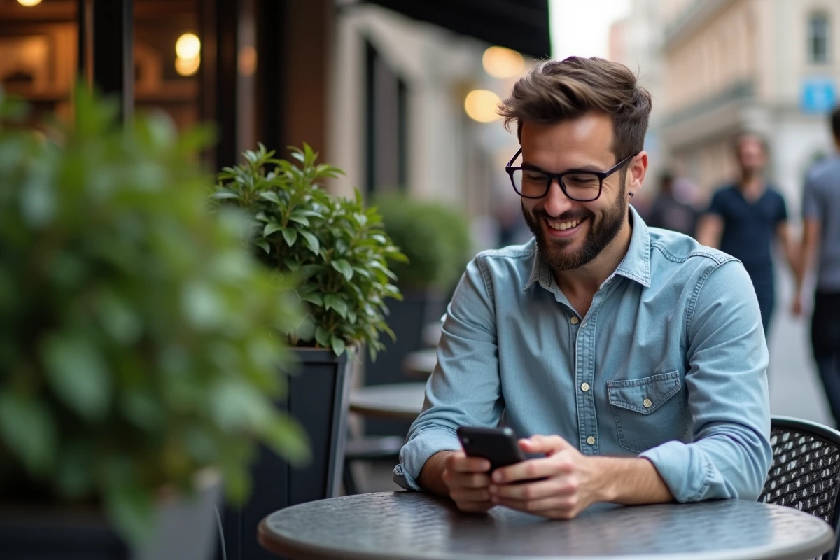 Homme en extérieur utilisant son smartphone au café