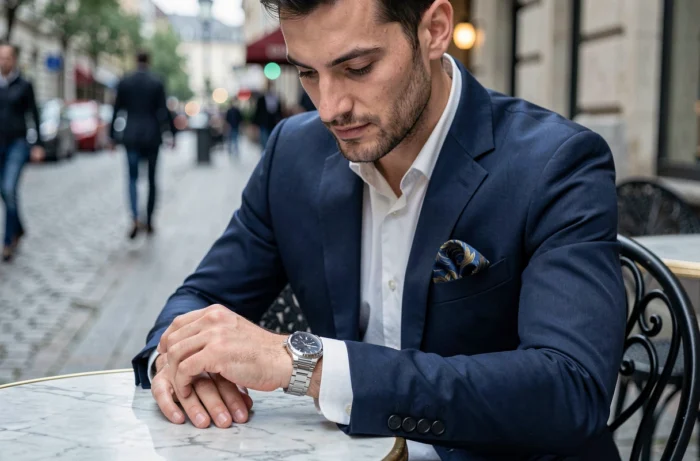 Homme en costume bleu marine à une terrasse de café européen, mettant en valeur une montre élégante et un pochette en soie