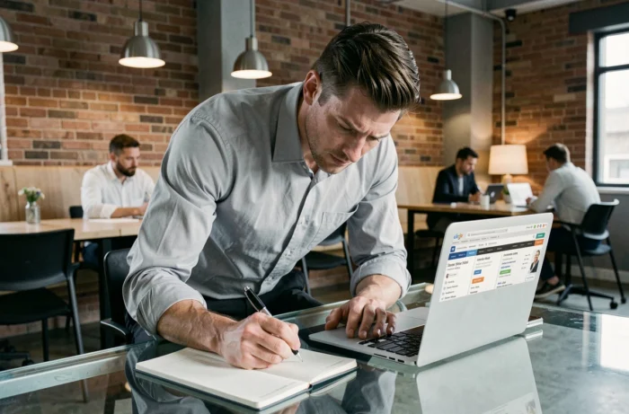 Jeune homme prenant des notes dans un espace de coworking moderne tout en consultant un site d'offres d'emploi, illustrant les outils en ligne pour la recherche d'emploi