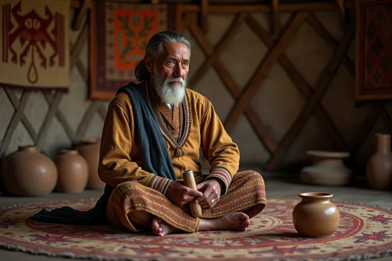 Homme indigenous traditionnel dans une yourte avec hochet en bois