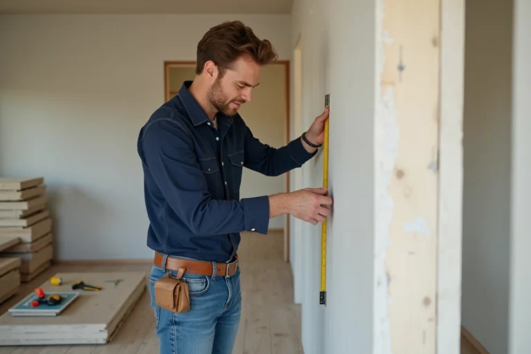 Homme mesurant une cloison en placo dans une maison rénovée