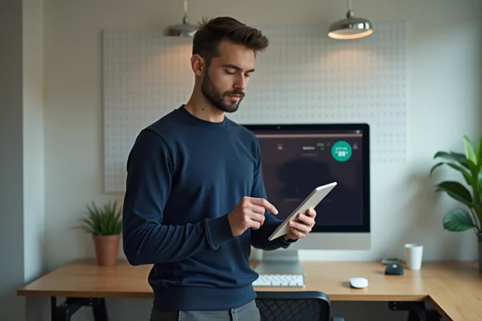 Homme consultant une offre de parrainage sur une tablette dans un bureau à domicile moderne avec badge de réduction visible