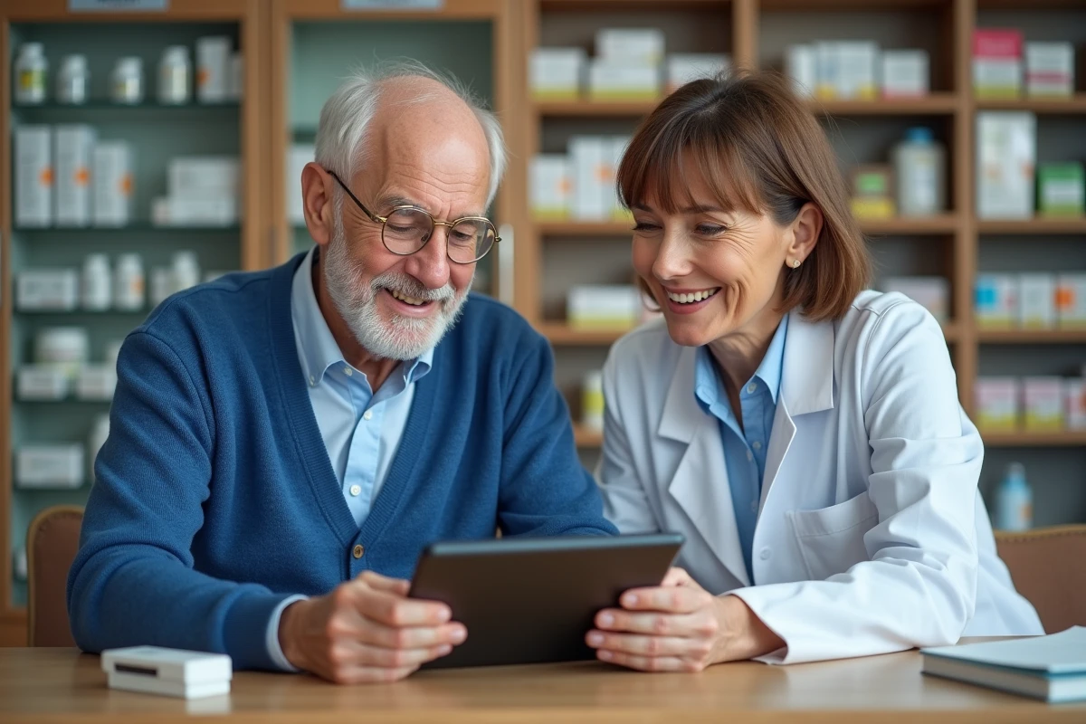 Homme âgé consulte une pharmacie avec une pharmacienne souriante