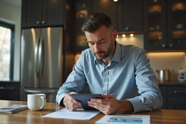 Homme d'une quarantaine consulte son relevé bancaire sur tablette