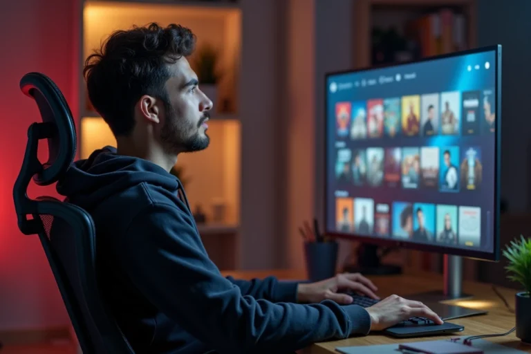 Jeune homme naviguant sur une plateforme de streaming depuis son bureau à domicile, alternatives à Tirexo