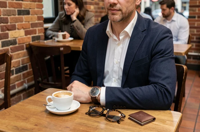 Homme stylé dans un café portant une montre en cuir et des lunettes écaille, accessoires masculins tendance et élégants