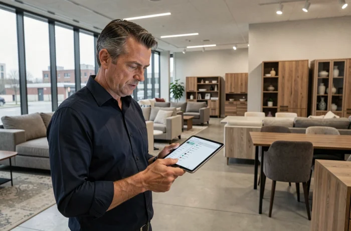Homme consultant le plan de navigation d'un site de meubles sur tablette en showroom