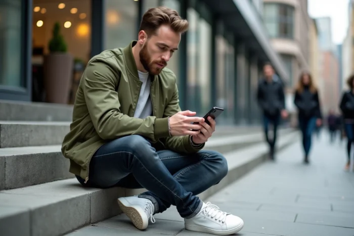Homme stylé assis sur des marches urbaines consultant des tendances mode sur son smartphone avec une veste bomber olive
