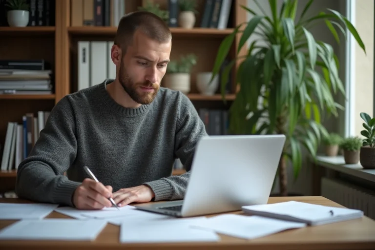 Homme concentré travaillant à domicile sur son ordinateur
