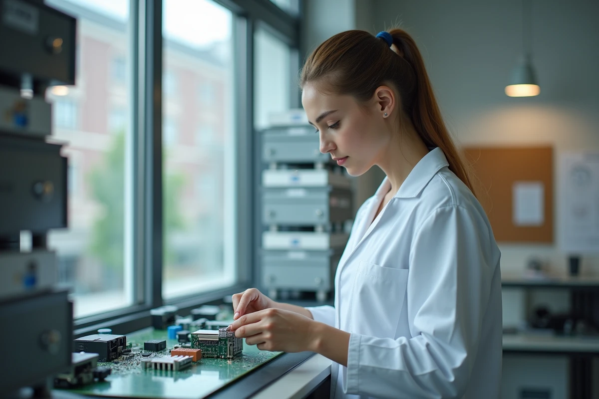 Jeune ingénieure inspecte un circuit imprimé dans un laboratoire