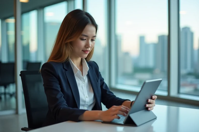 Jeune femme en bureau moderne utilisant tablette et smartphone