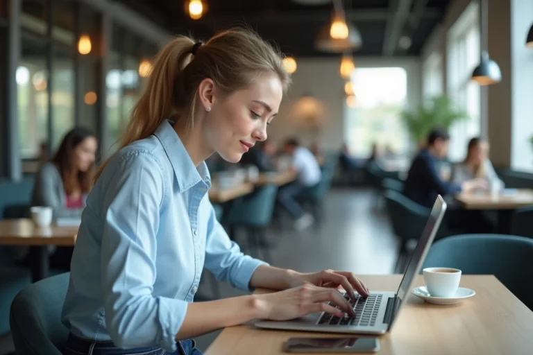 Jeune femme travaillant sur son ordinateur dans un cafe moderne