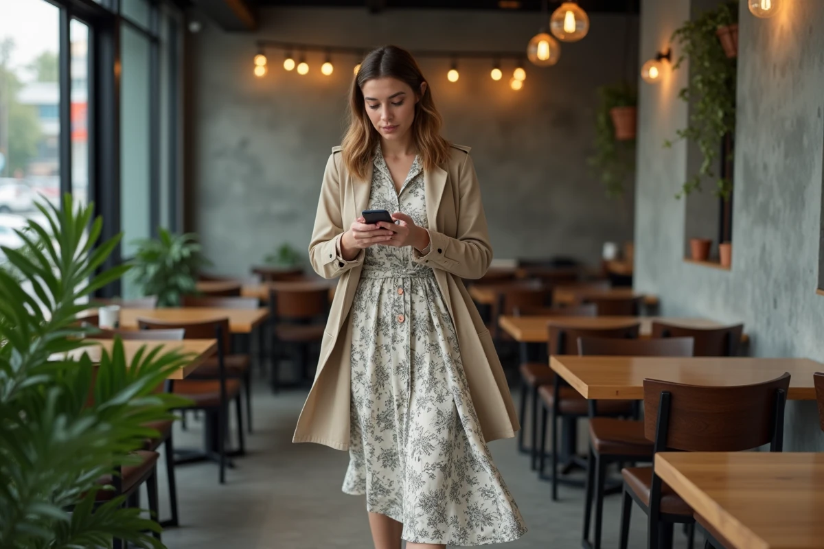 Jeune femme en robe fluide dans un café moderne