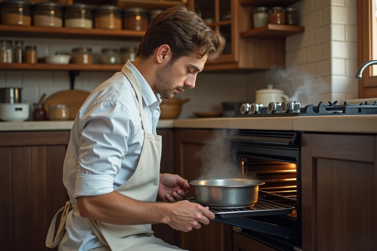 Jeune homme vérifiant un plat dans le four avec vapeur