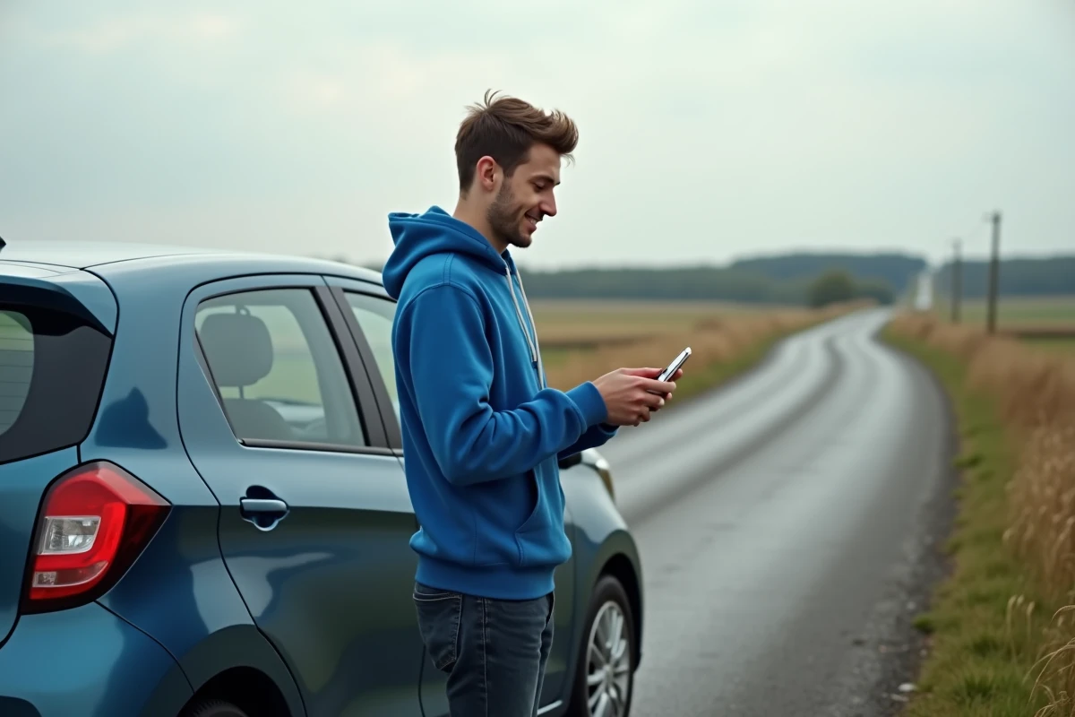 Jeune homme vérifiant sa voiture dans un paysage rural