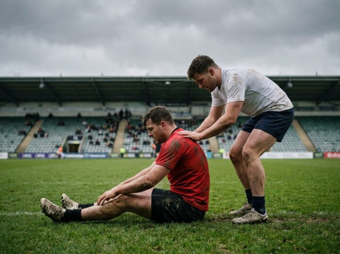 Deux joueurs de rugby s'étirant en duo lors de l'échauffement avant un match de longue durée en stade