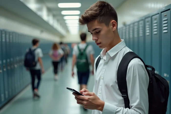 Lycéen consultant son espace élèves IENT sur smartphone dans un couloir d'établissement scolaire