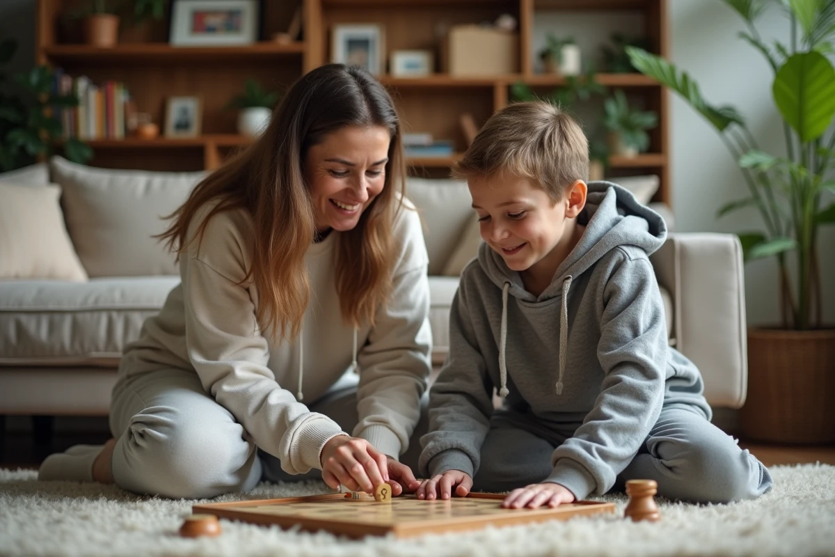 Mère et fils jouant ensemble à un jeu de société à la maison