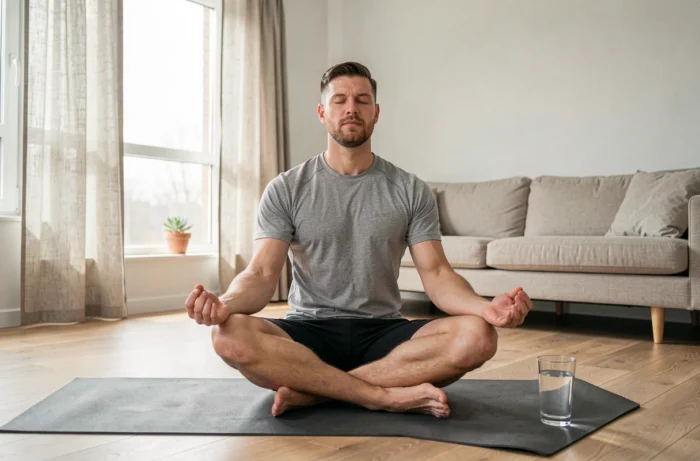 Homme en méditation sur un tapis de yoga dans un salon lumineux, routine bien-être et santé quotidienne